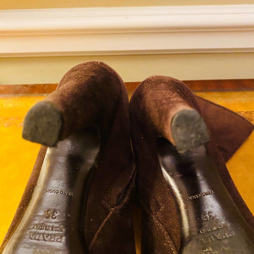 Prada Chocolate Brown Suede Platform Heeled Mid Calf Boots - Picture 8 of 12